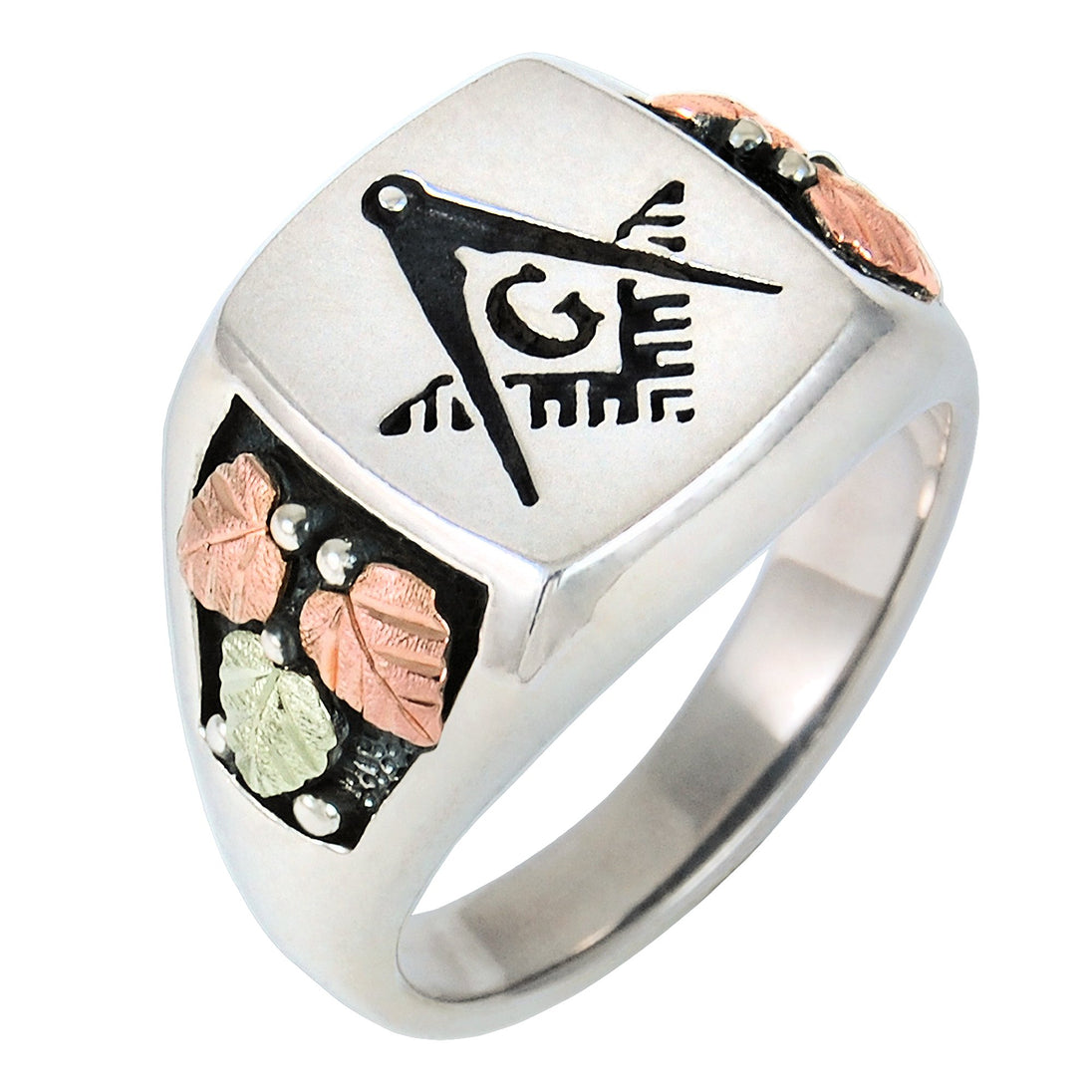 Mens Sterling Silver Black Hills Gold Masonic Foliage Ring - Jewelry