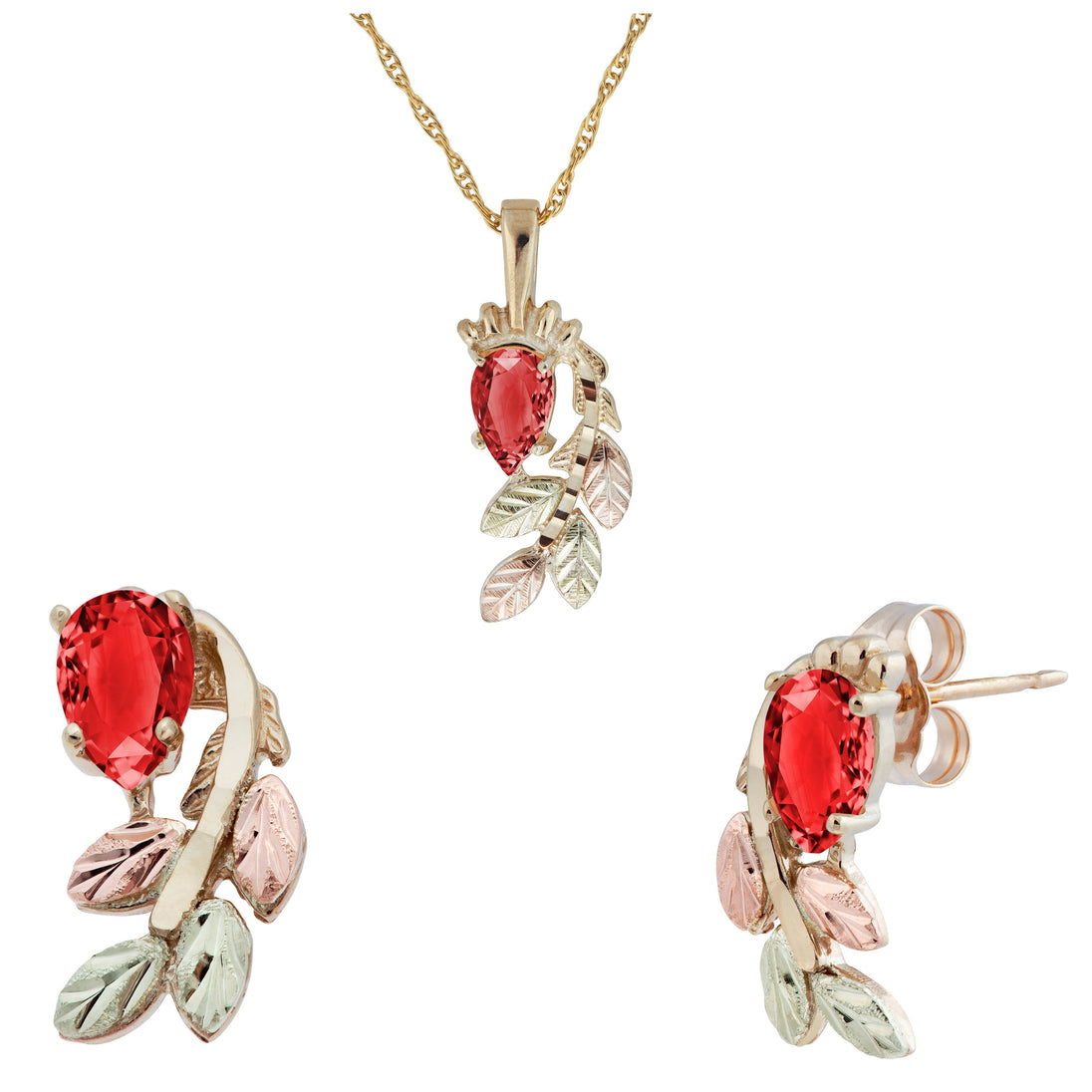 Black Hills Gold Pear Cut Garnet Earrings & Pendant Set - Jewelry