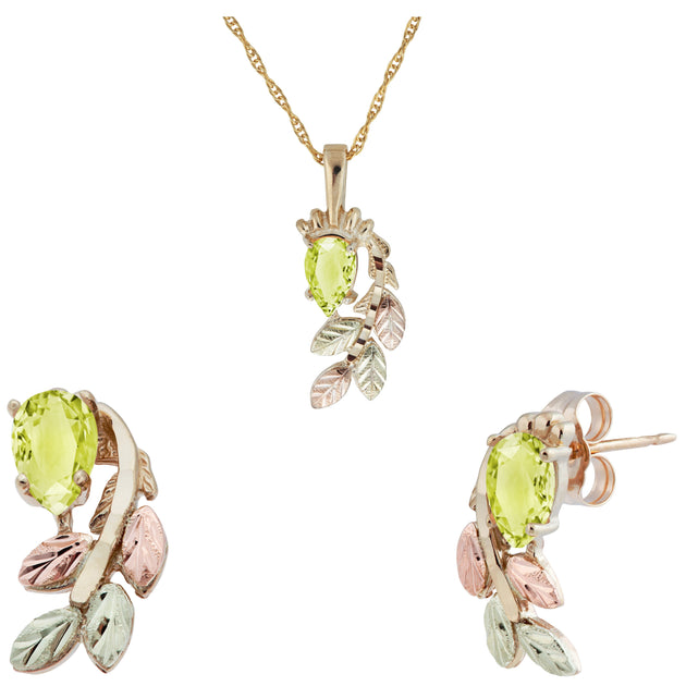 Black Hills Gold Pear Cut Peridot Earrings & Pendant Set - Jewelry