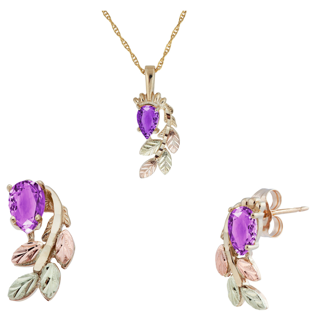 Black Hills Gold Pear Cut Amethyst Earrings & Pendant Set - Jewelry