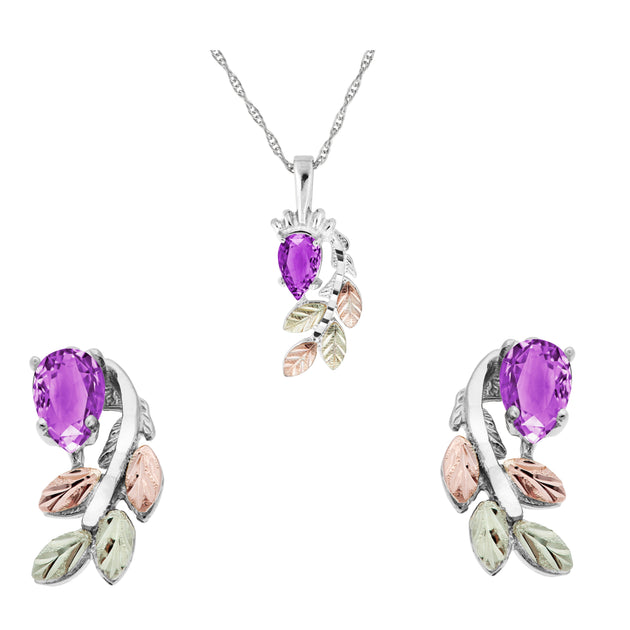 Sterling Silver Pear Cut Amethyst Earrings & Pendant Set - Jewelry