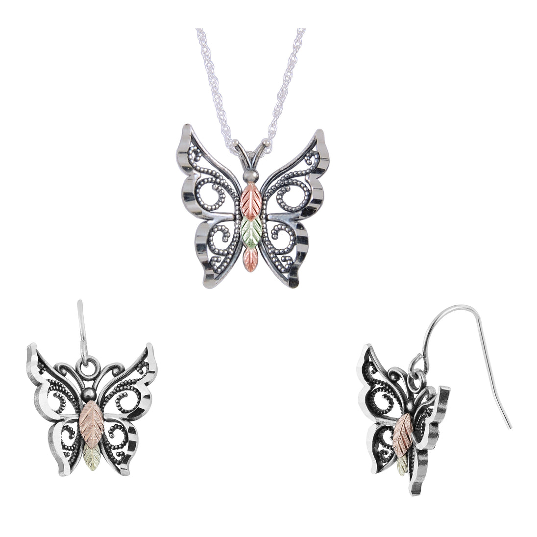 Sterling Silver Oxidized Butterfly Earrings & Pendant Set - Jewelry