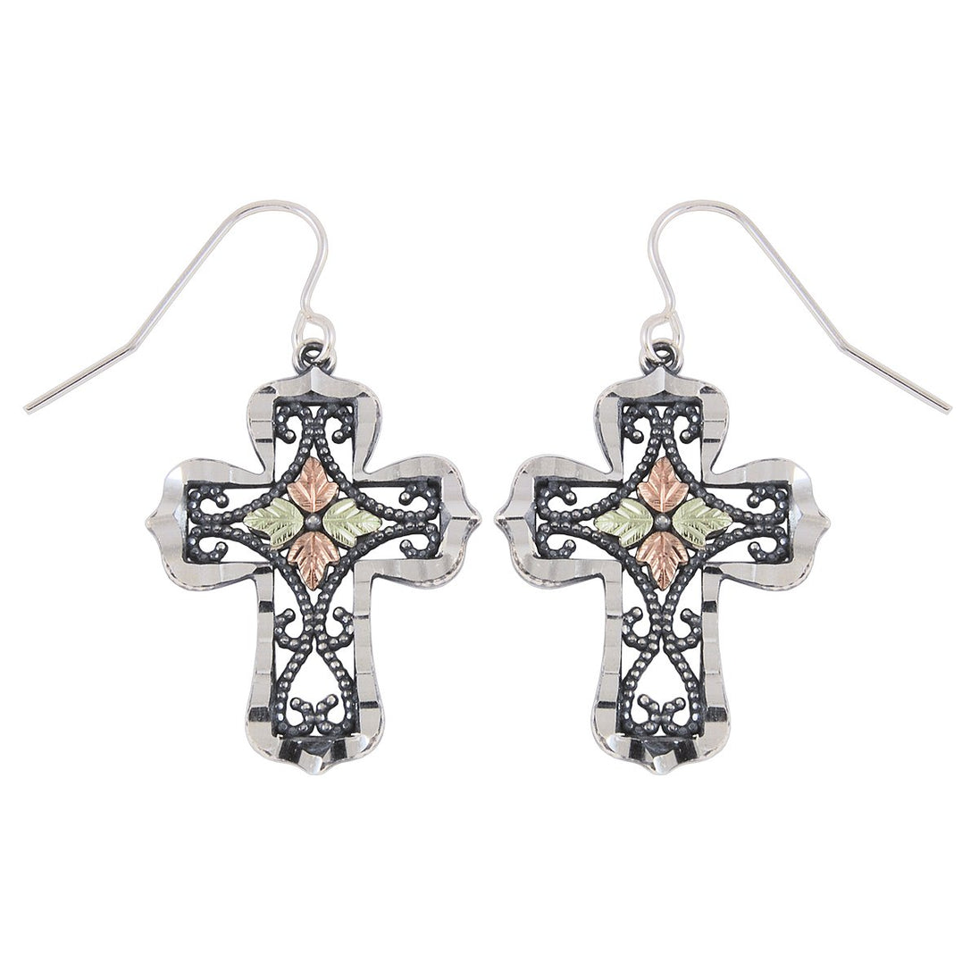 Sterling Silver Black Hills Gold Oxidized Cross Earrings - Jewelry