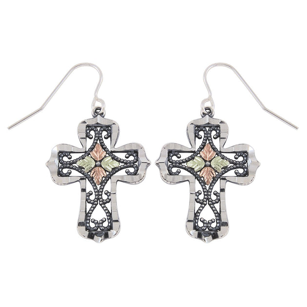 Sterling Silver Black Hills Gold Oxidized Cross Earrings - Jewelry