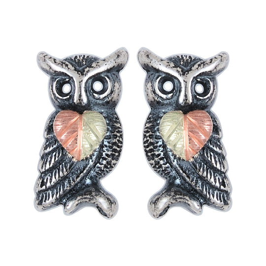 Sterling Silver Black Hills Gold Oxidized Owl Earrings - Jewelry