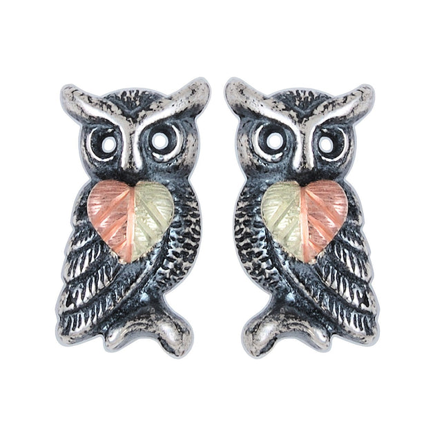 Sterling Silver Black Hills Gold Oxidized Owl Earrings - Jewelry