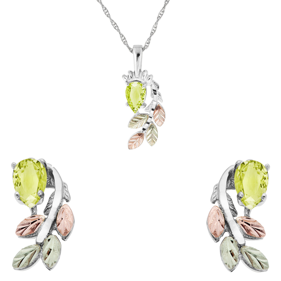 Sterling Silver Pear Cut Peridot Earrings & Pendant Set - Jewelry