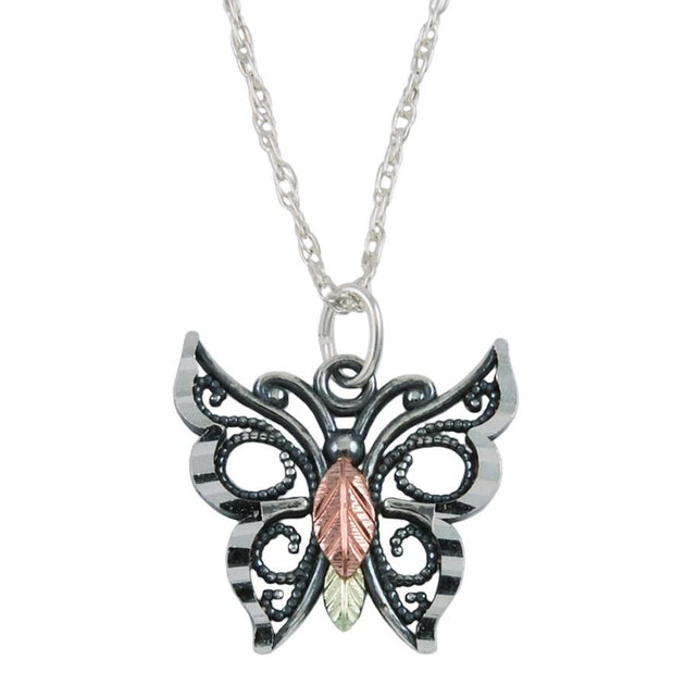 Sterling Silver Black Hills Gold Oxidized Butterfly Pendant II - Jewelry